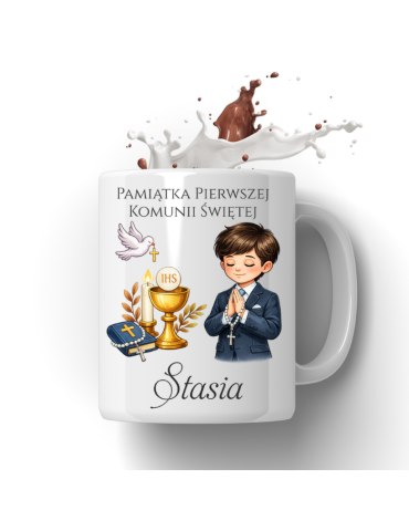 Kubek pamiątka Pierwszej komunii Świętej  z imieniem włosy ciemne