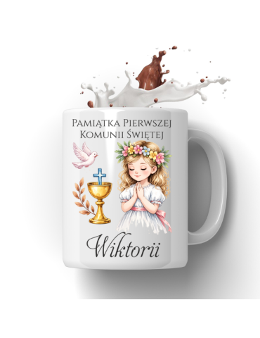 Kubek Pamiątka Pierwszej Komunii Świętej z imieniem włosy blond