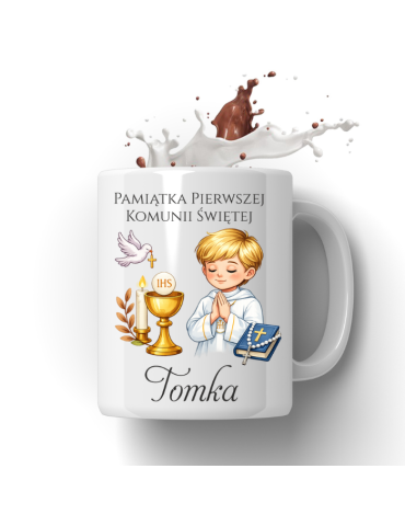 Kubek pamiątka Pierwszej komunii Świętej  z imieniem włosy blond