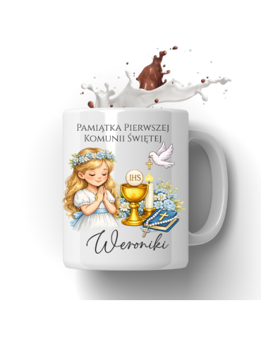 Kubek na Pierwszą Komunie Świętą z imieniem włosy blond