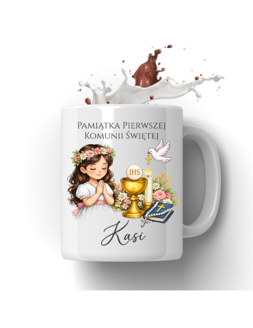 Kubek na Pierwszą Komunie Świętą z imieniem włosy ciemne