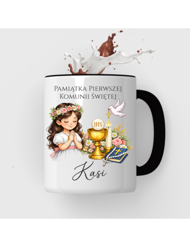 Kubek na Pierwszą Komunie Świętą z imieniem włosy ciemne