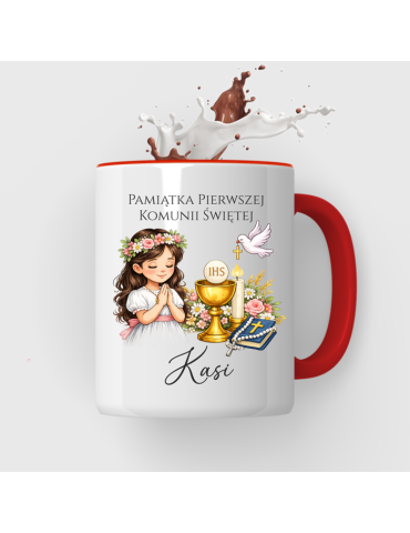 Kubek na Pierwszą Komunie Świętą z imieniem włosy ciemne
