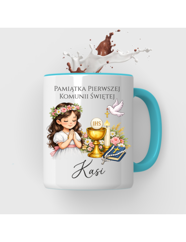 Kubek na Pierwszą Komunie Świętą z imieniem włosy ciemne