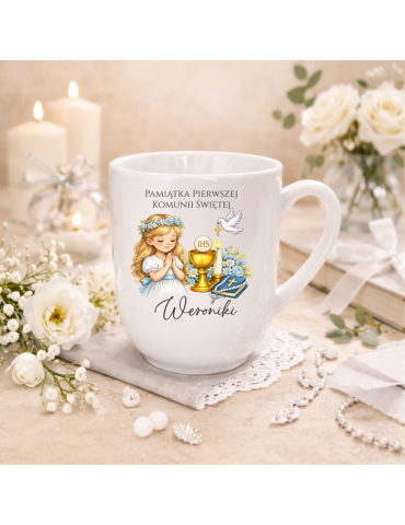 Kubek na Pierwszą Komunie Świętą z imieniem włosy blond