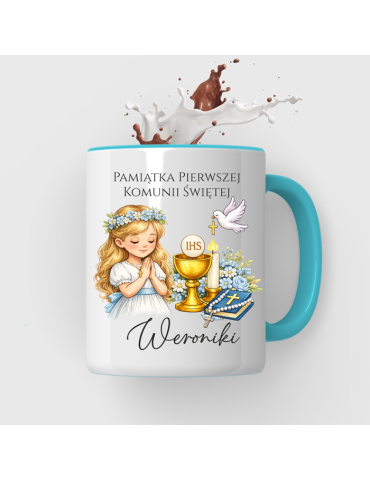 Kubek na Pierwszą Komunie Świętą z imieniem włosy blond