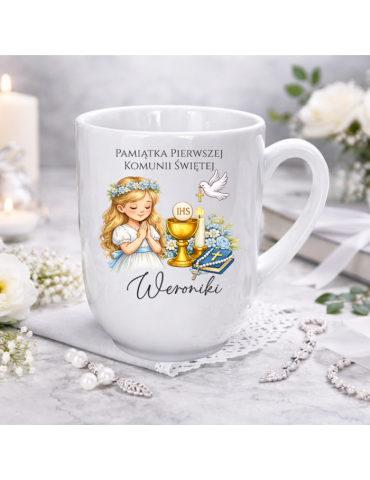 Kubek na Pierwszą Komunie Świętą z imieniem włosy blond