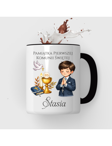 Kubek pamiątka Pierwszej komunii Świętej  z imieniem włosy ciemne