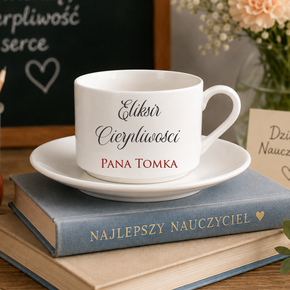 Filiżanka dla nauczyciela Eliksir Cierpliwości z imieniem i klasą