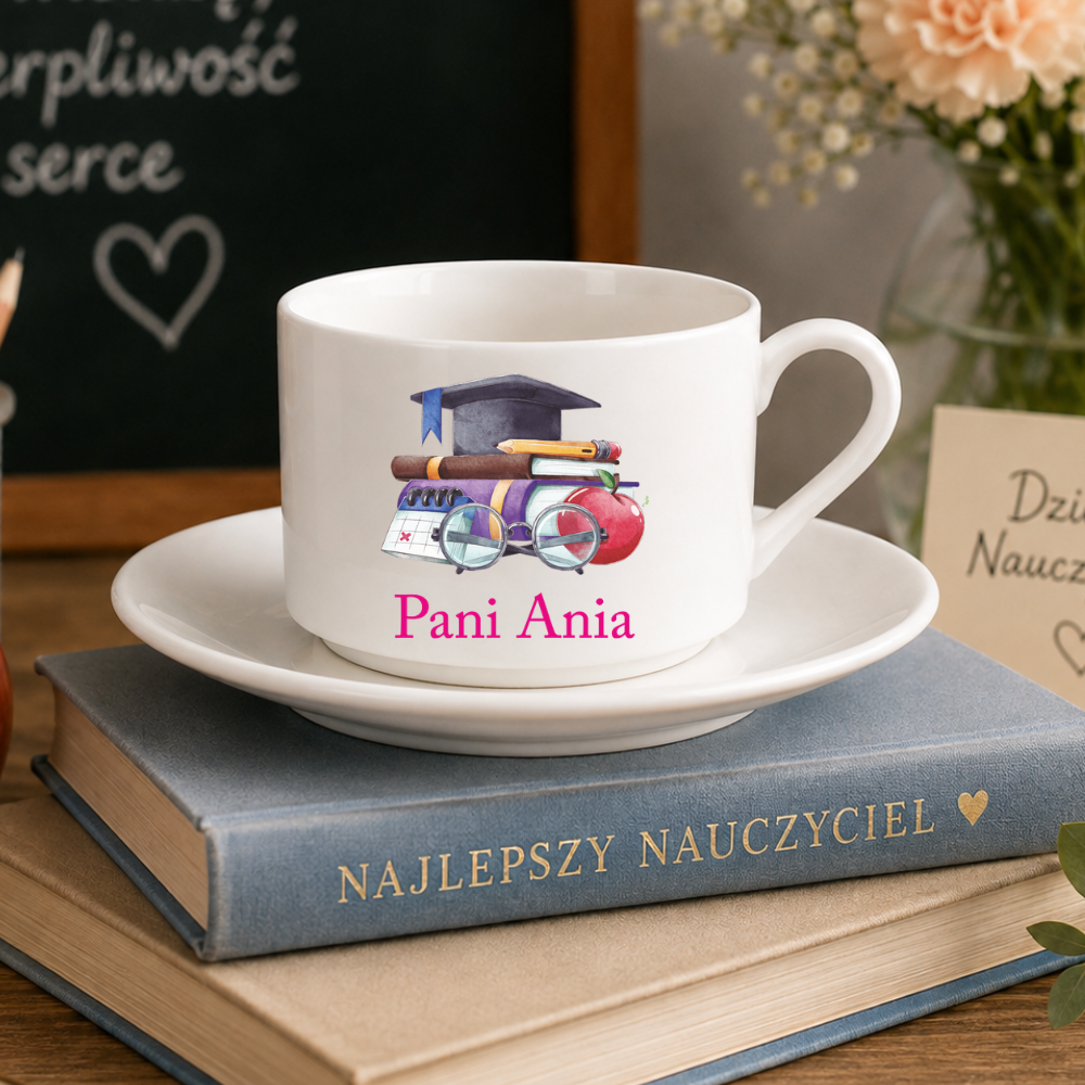 Prezent na Dzień Nauczyciela filiżanka z imieniem i podziękowaniem klasy