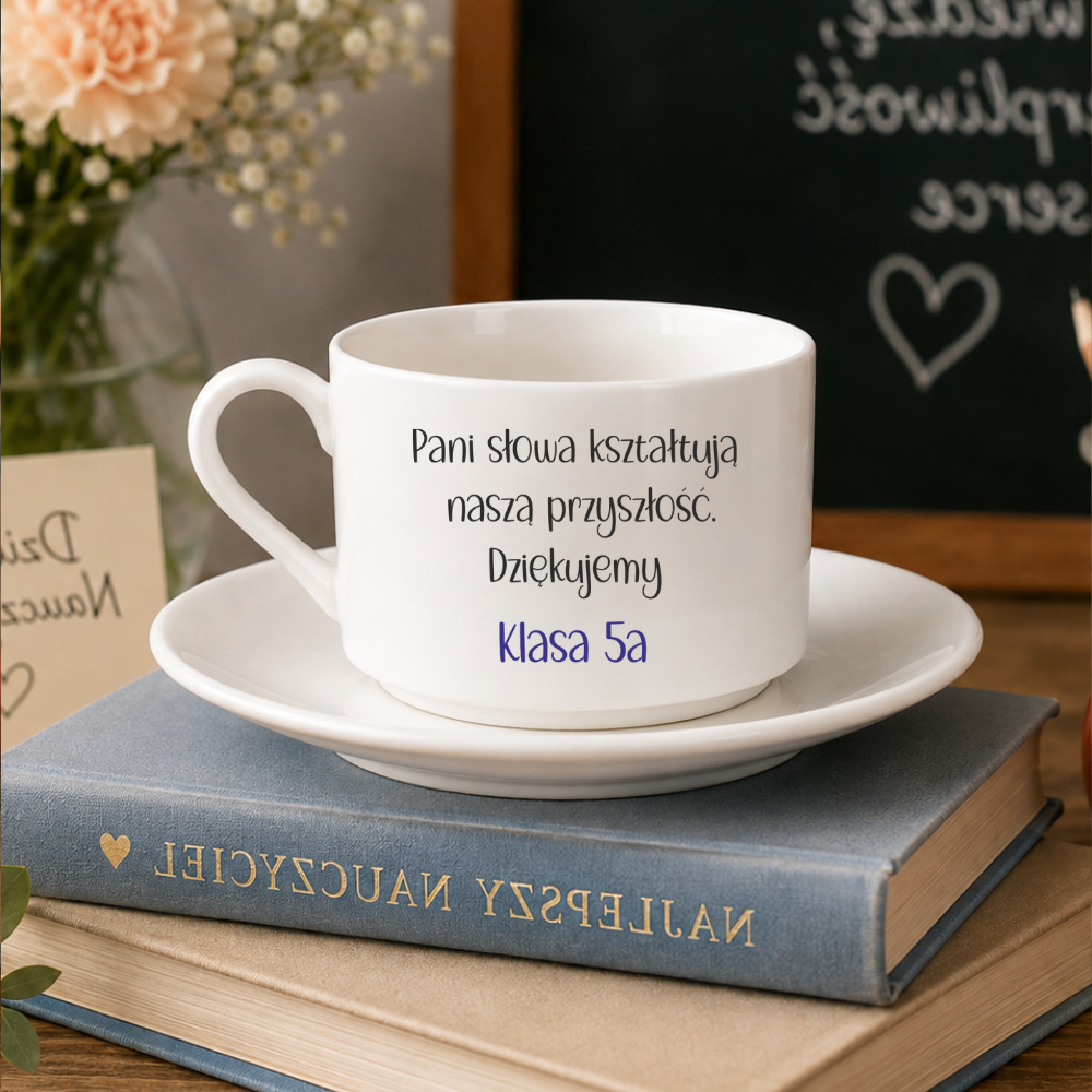 Prezent na Dzień Nauczyciela filiżanka z imieniem i podziękowaniem klasy