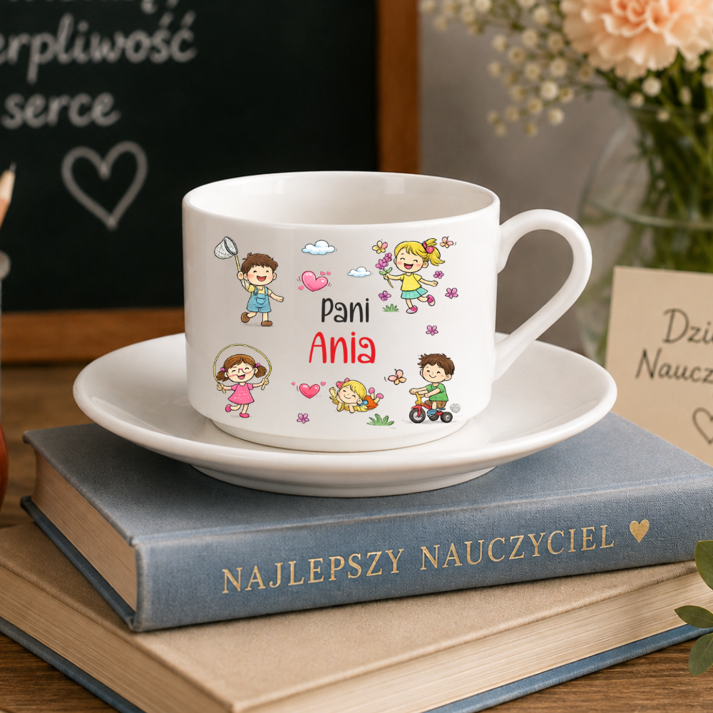 Filiżanka dla przedszkolanki nauczycielki z imieniem Wielkie serce dzieci