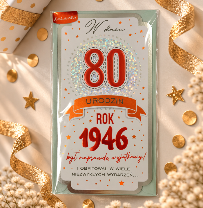 Kartka na 80 urodziny z rokiem 1946 – elegancka z życzeniami