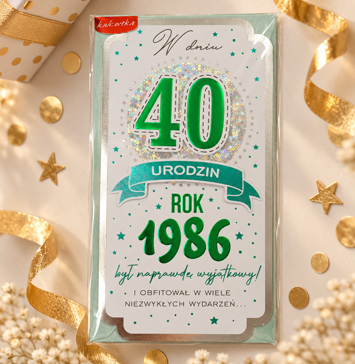 Kartka na 40 urodziny z rokiem 1986 – elegancka z życzeniami