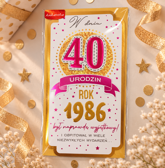 Kartka na 40 urodziny z rokiem 1986 – elegancka z życzeniami rózowa