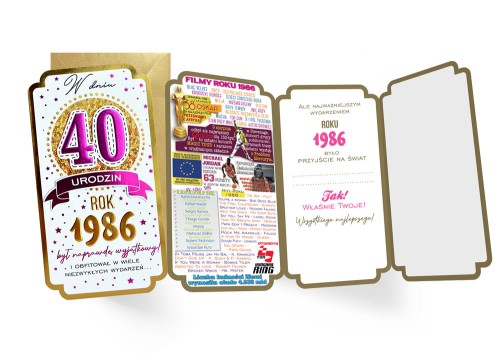 Kartka na 40 urodziny z rokiem 1986 – elegancka z życzeniami rózowa