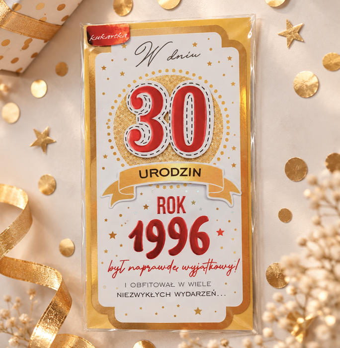 Kartka na 30 urodziny z rokiem 1996 – elegancka z życzeniami